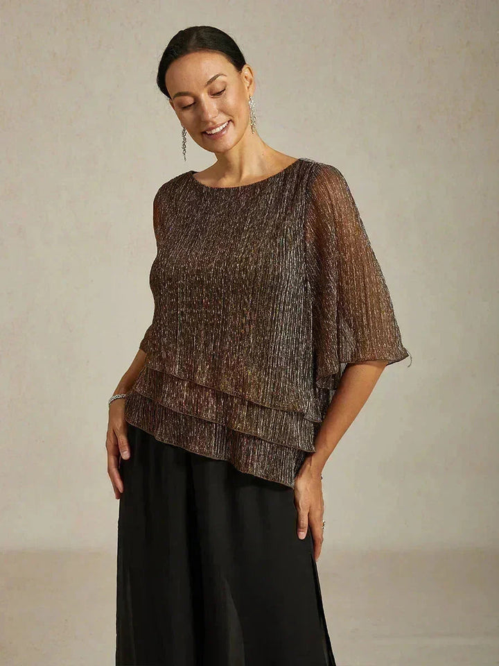 Blusa Asimmetrica a Strati in Chiffon Plissettato Metallico