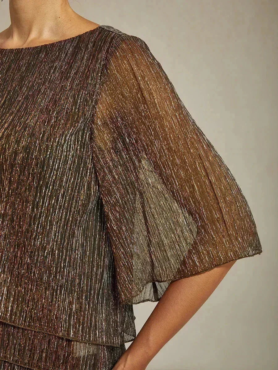 Blusa Asimmetrica a Strati in Chiffon Plissettato Metallico