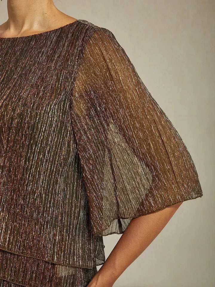 Blusa Asimmetrica a Strati in Chiffon Plissettato Metallico