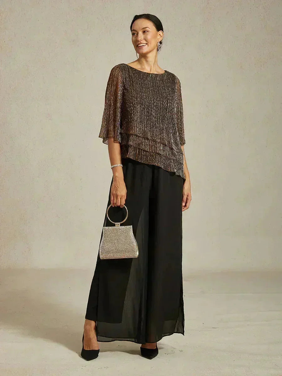 Blusa Asimmetrica a Strati in Chiffon Plissettato Metallico