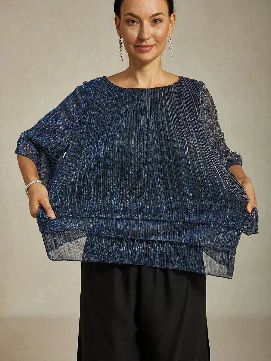 Blusa Asimmetrica a Strati in Chiffon Plissettato Metallico