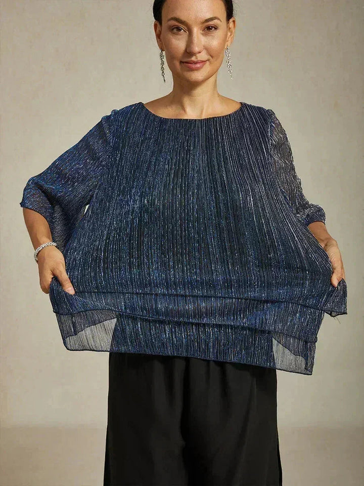 Blusa Asimmetrica a Strati in Chiffon Plissettato Metallico