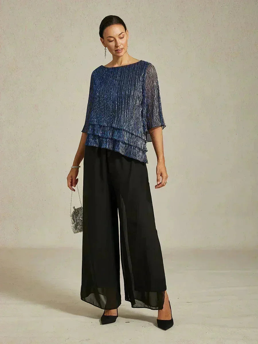 Blusa Asimmetrica a Strati in Chiffon Plissettato Metallico