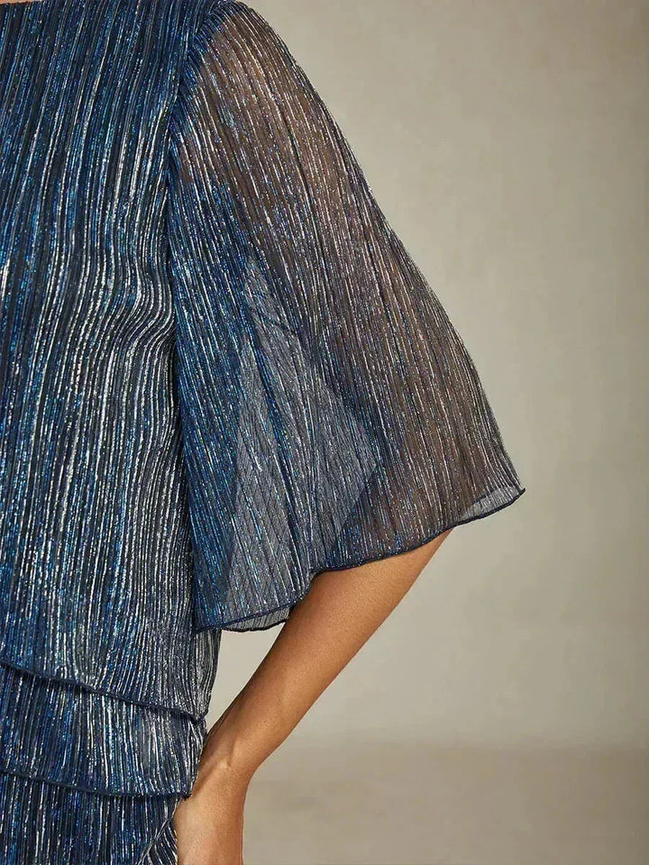 Blusa Asimmetrica a Strati in Chiffon Plissettato Metallico
