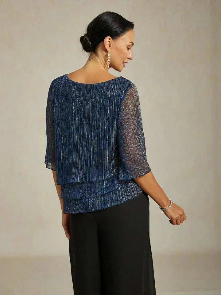 Blusa Asimmetrica a Strati in Chiffon Plissettato Metallico