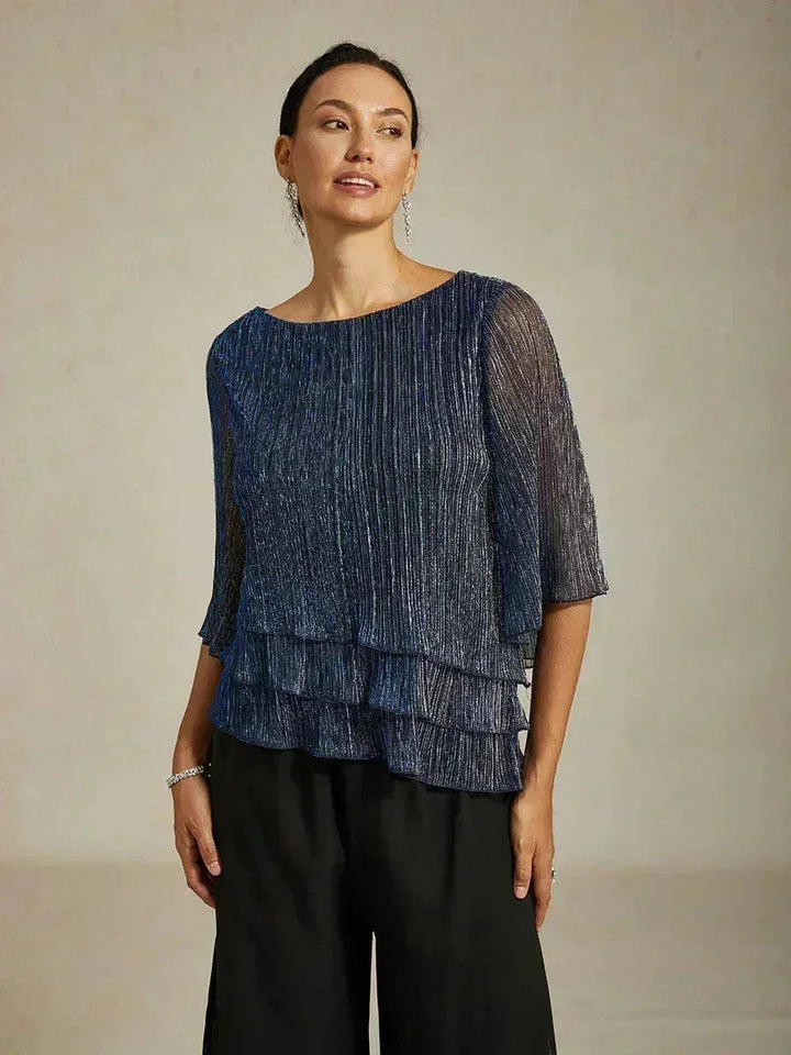 Blusa Asimmetrica a Strati in Chiffon Plissettato Metallico