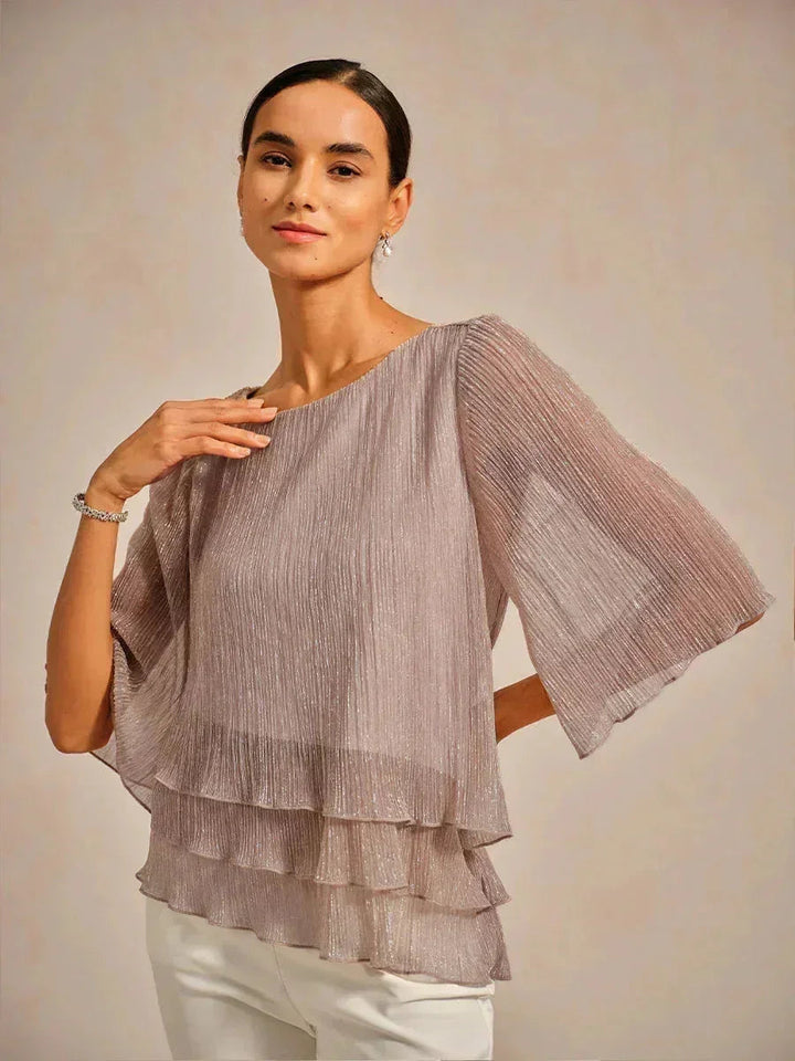 Blusa Asimmetrica a Strati in Chiffon Plissettato Metallico