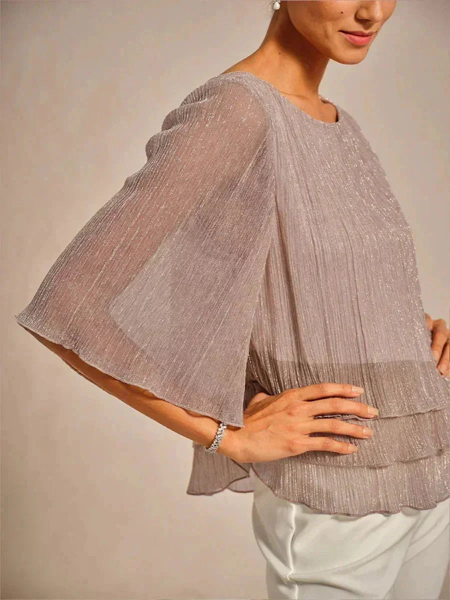 Blusa Asimmetrica a Strati in Chiffon Plissettato Metallico