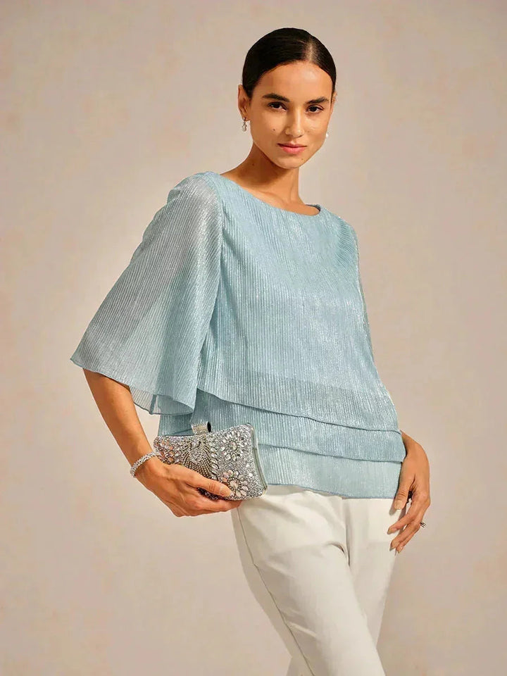 Blusa Asimmetrica a Strati in Chiffon Plissettato Metallico