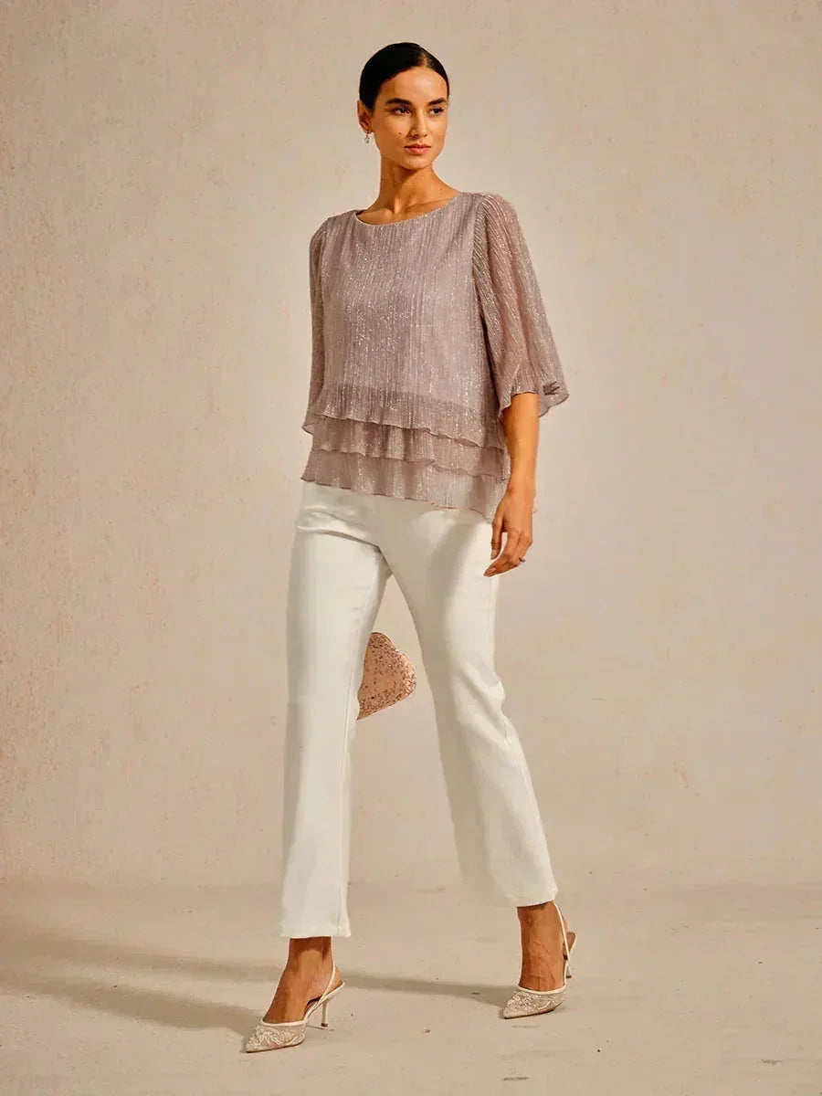 Blusa Asimmetrica a Strati in Chiffon Plissettato Metallico