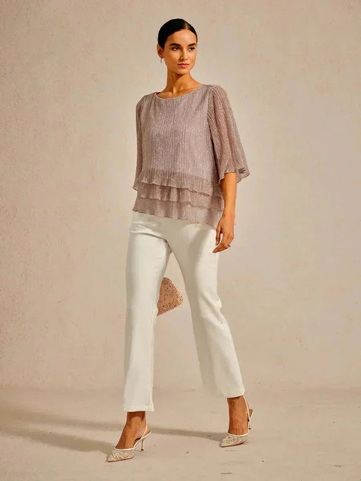 Blusa Asimmetrica a Strati in Chiffon Plissettato Metallico