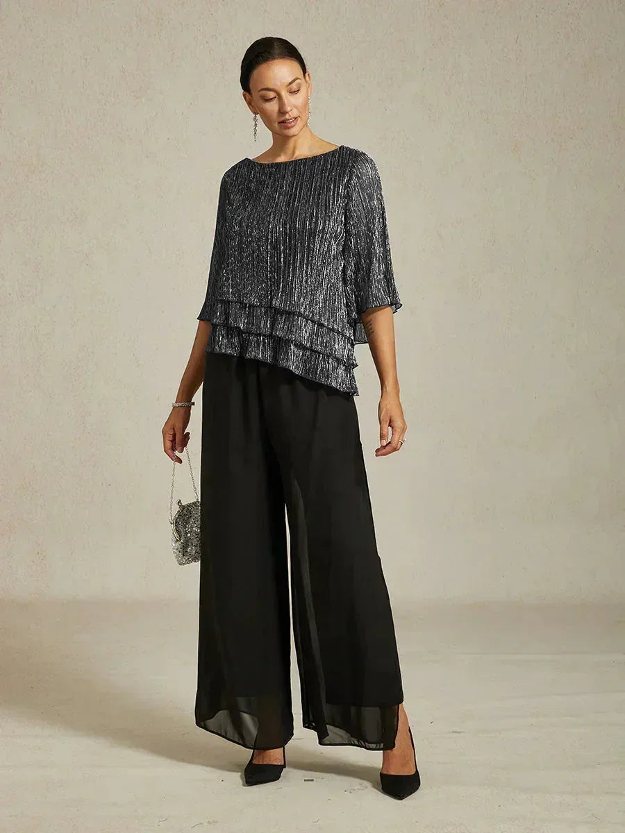 Blusa Asimmetrica a Strati in Chiffon Plissettato Metallico