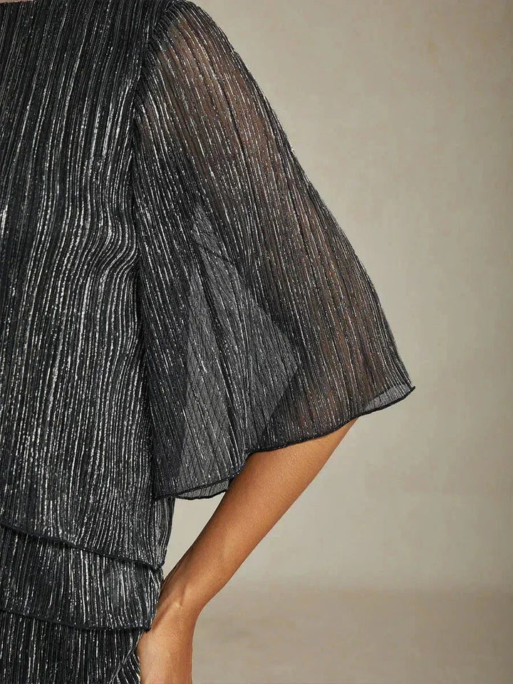 Blusa Asimmetrica a Strati in Chiffon Plissettato Metallico