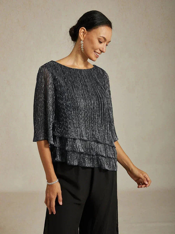 Blusa Asimmetrica a Strati in Chiffon Plissettato Metallico