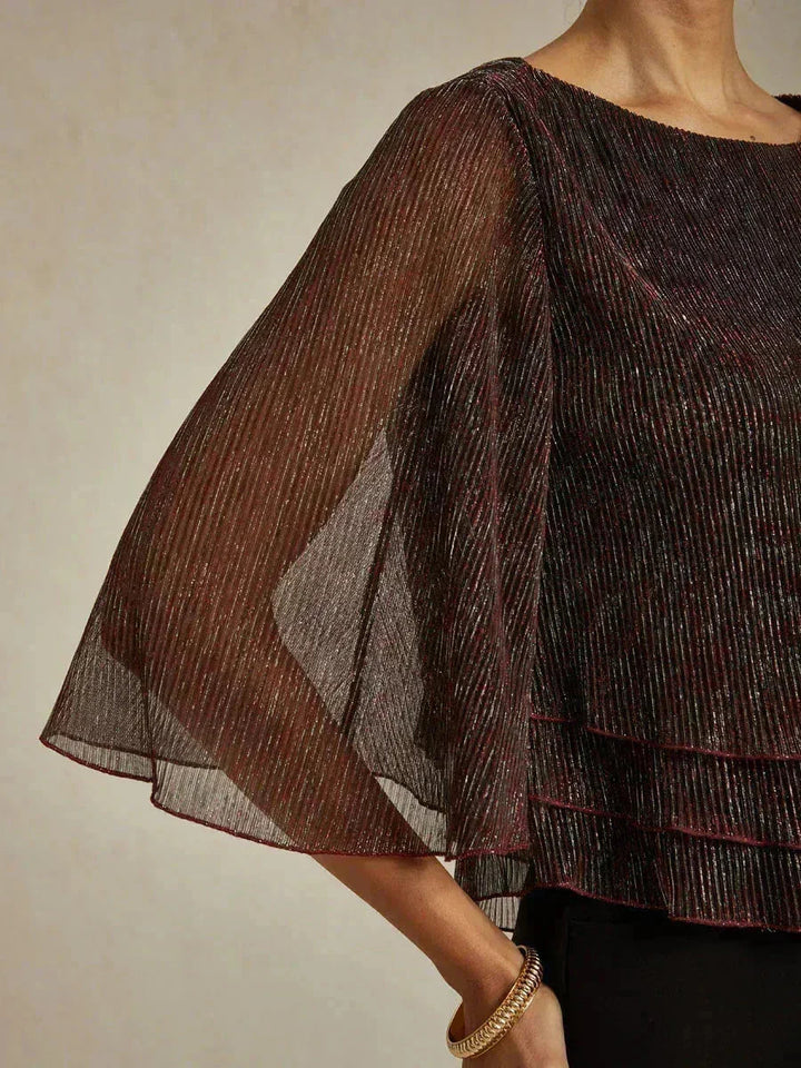 Blusa Asimmetrica a Strati in Chiffon Plissettato Metallico