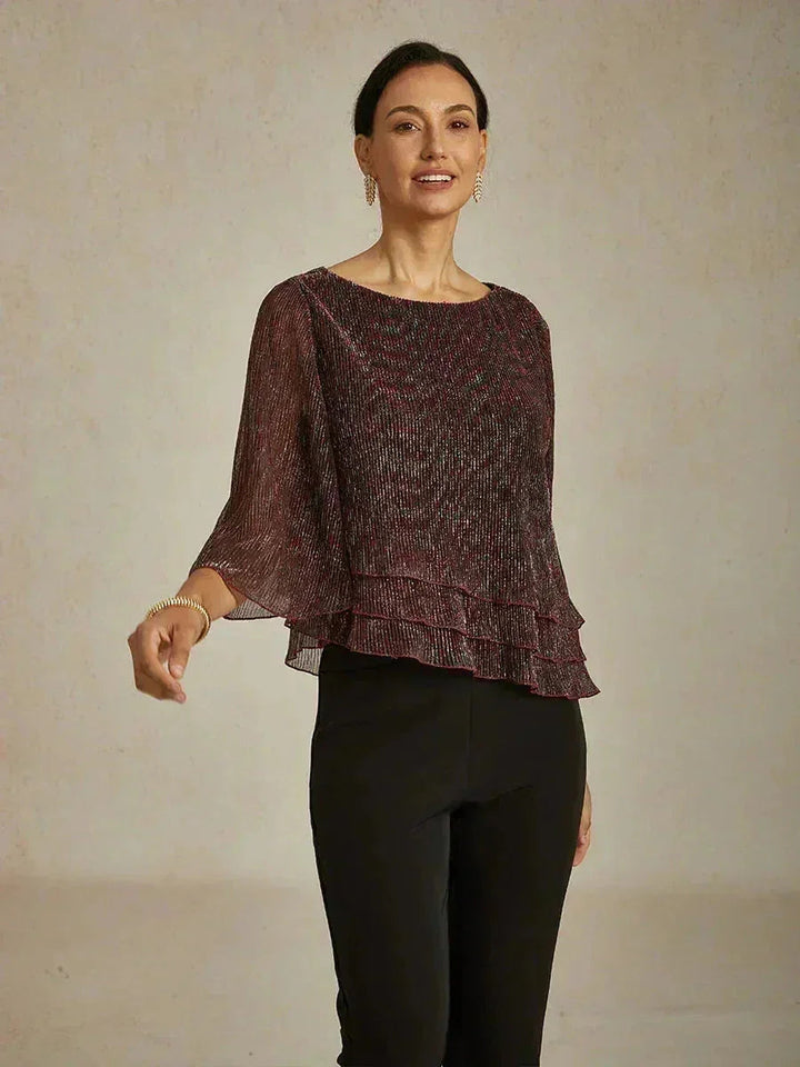 Blusa Asimmetrica a Strati in Chiffon Plissettato Metallico
