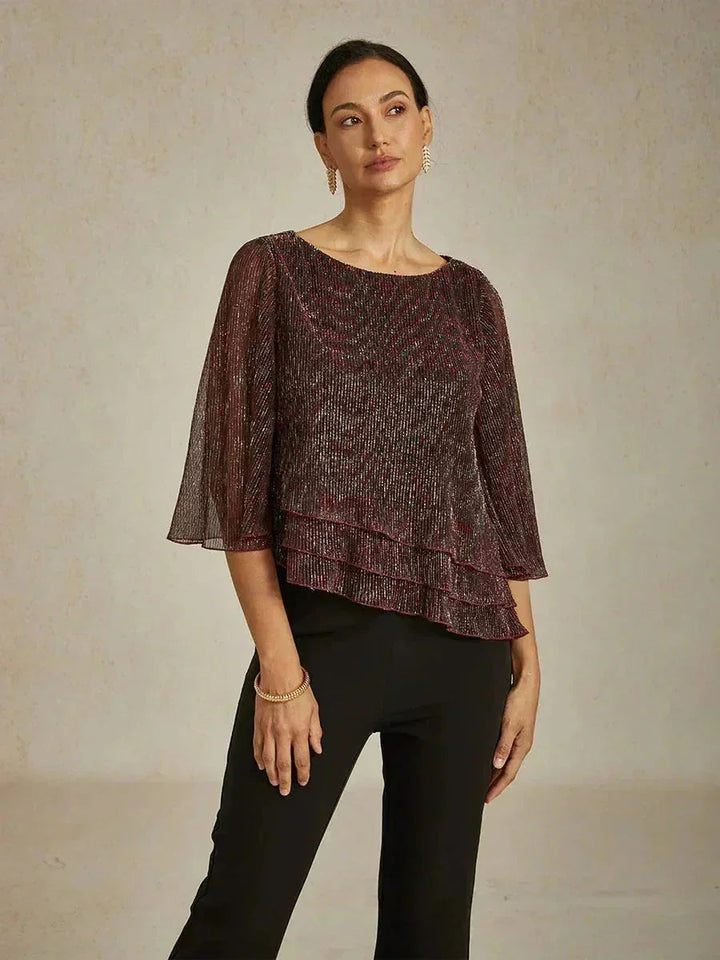 Blusa Asimmetrica a Strati in Chiffon Plissettato Metallico