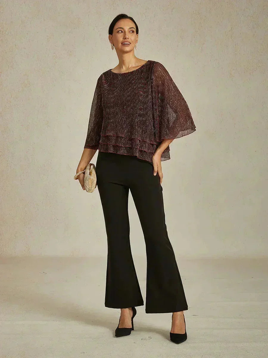 Blusa Asimmetrica a Strati in Chiffon Plissettato Metallico
