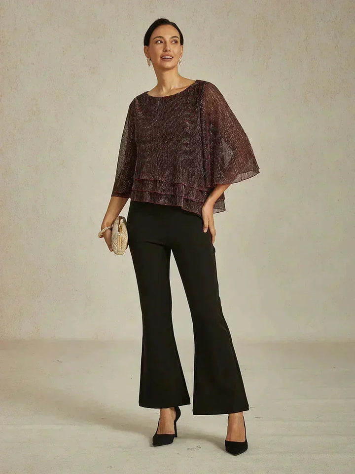 Blusa Asimmetrica a Strati in Chiffon Plissettato Metallico