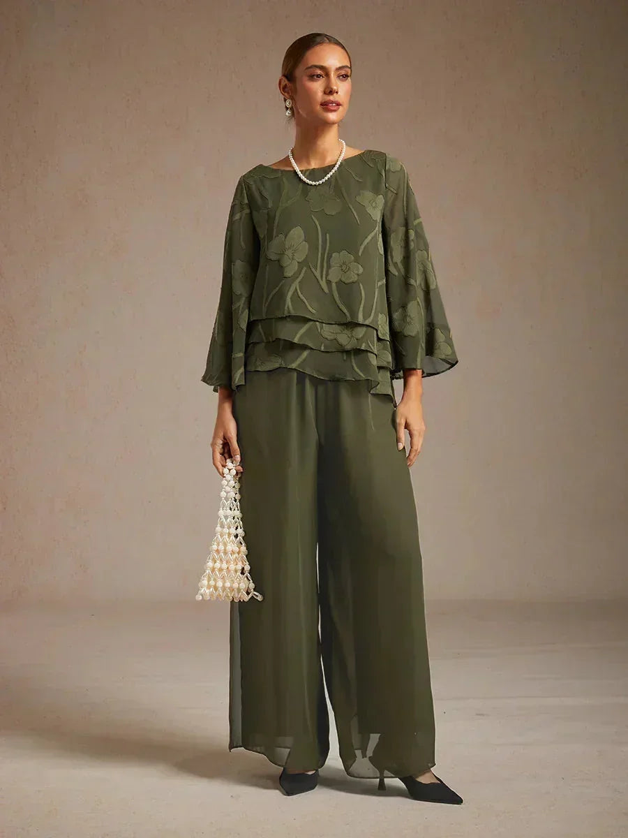 Pantaloni a Gamba Dritta con Sovrapposizione in Chiffon