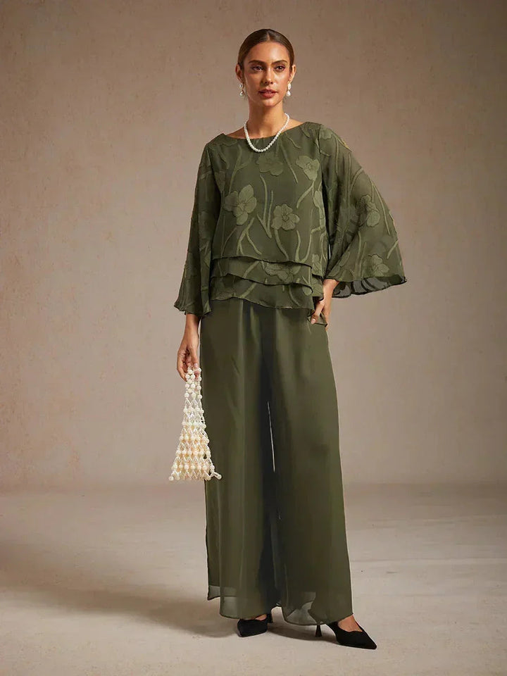 Pantaloni a Gamba Dritta con Sovrapposizione in Chiffon