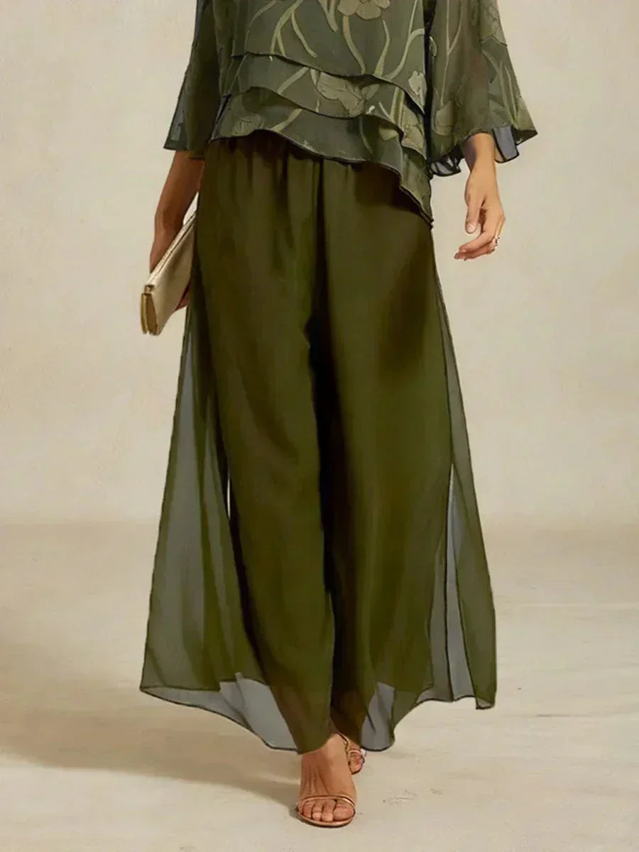 Pantaloni a Gamba Dritta con Sovrapposizione in Chiffon