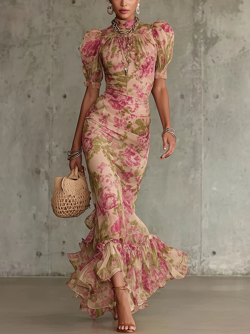 Mae | Abito Maxi con Maniche a Volante e Stampa Rosa Vintage