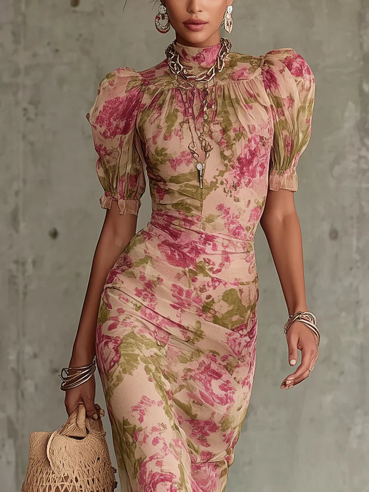 Mae | Abito Maxi con Maniche a Volante e Stampa Rosa Vintage