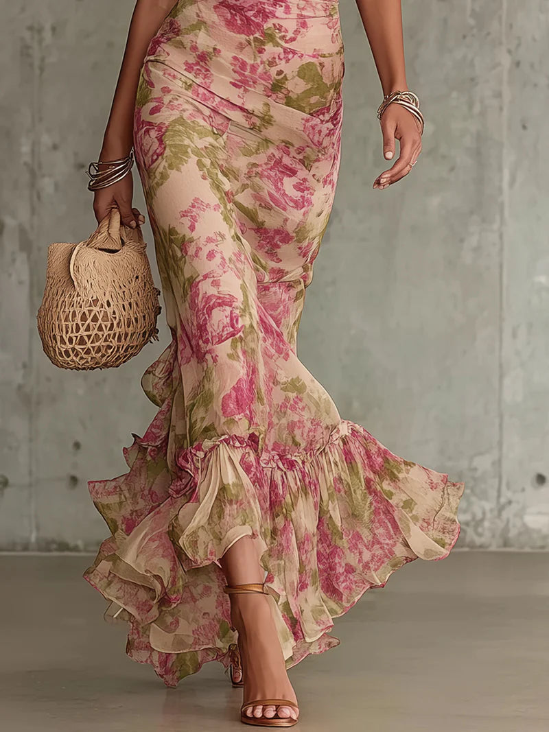 Mae | Abito Maxi con Maniche a Volante e Stampa Rosa Vintage