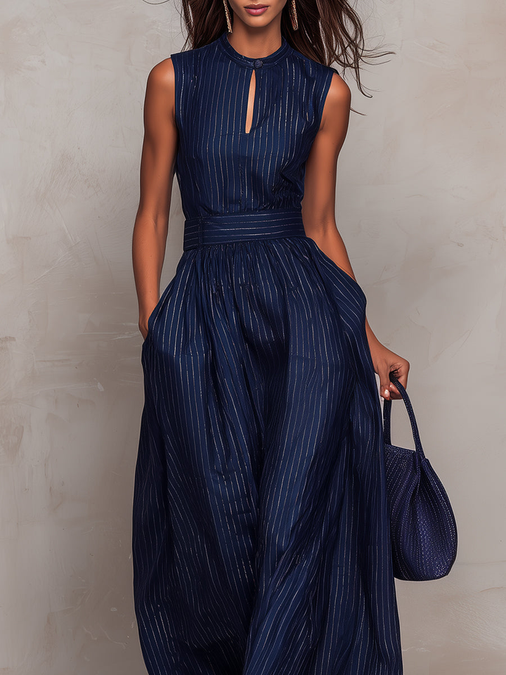 Anna - Tuta blu scuro a righe con scollo a chiave e pantaloni a gamba larga