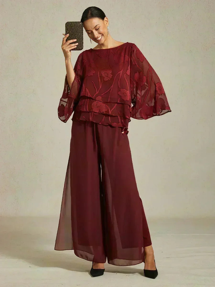 Pantaloni a Gamba Dritta con Sovrapposizione in Chiffon