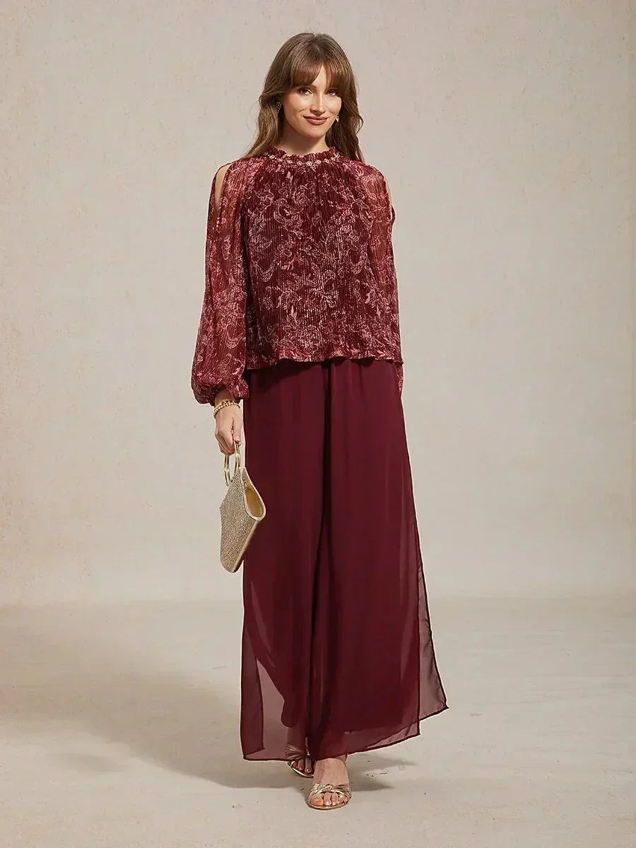 Pantaloni a Gamba Dritta con Sovrapposizione in Chiffon