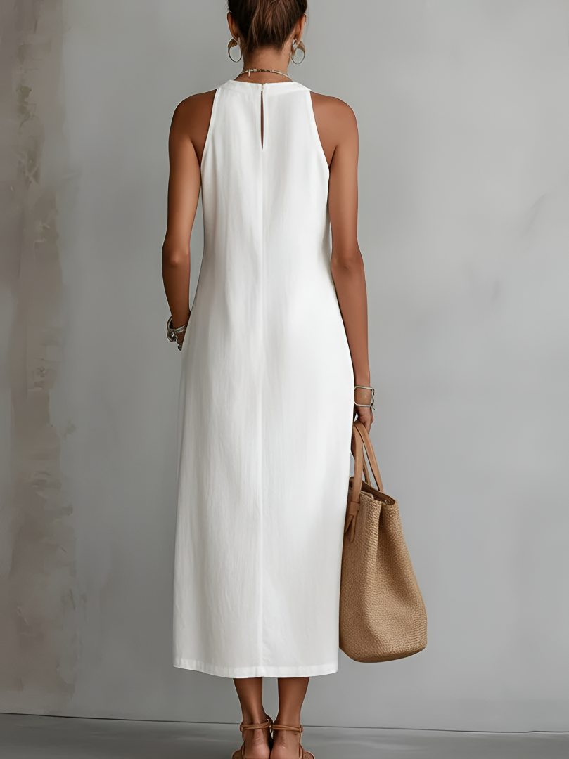 Maria | Vestito midi in lino con colletto mao