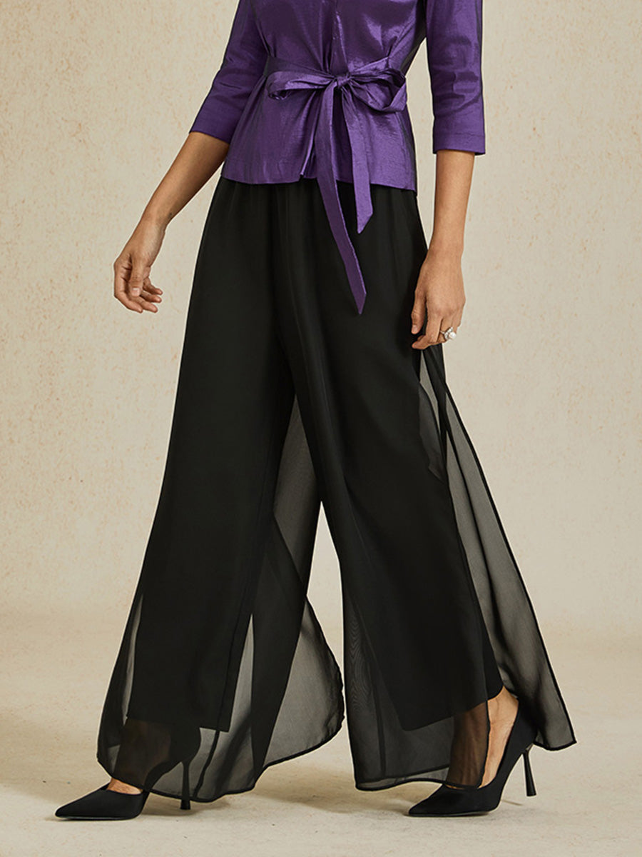 Pantaloni a Gamba Dritta con Sovrapposizione in Chiffon